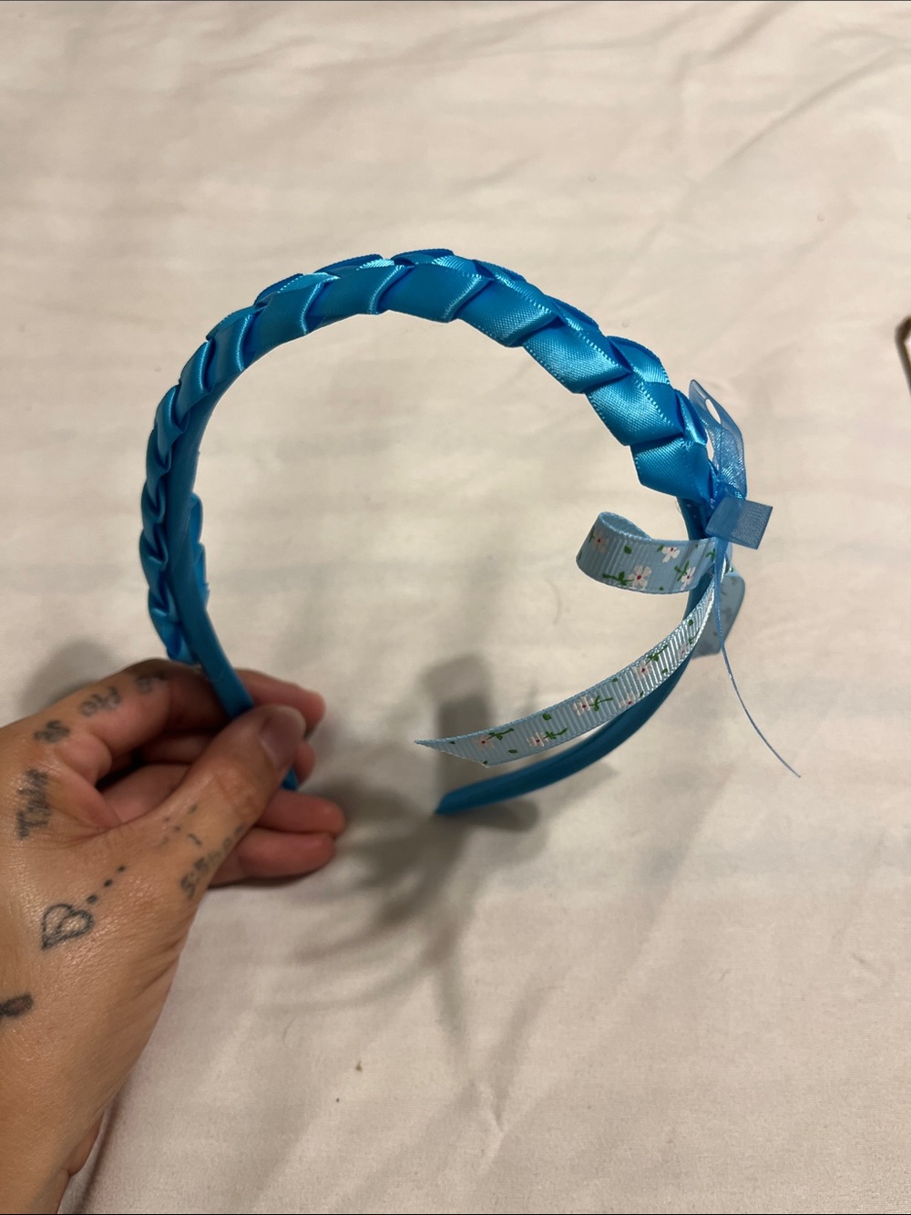 Satin Braided Blue Kids Headband with Floral Accent Bow